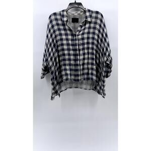 STELLAE DUX Women's Navy Blue-White Checkered Seersucker Button-Up Top SZ XL